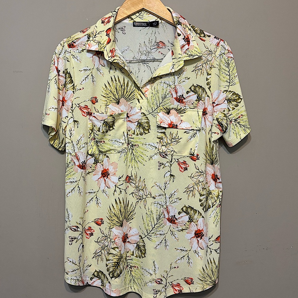 CURE Collared Short Sleeve Pullover Hawaiian Vibes Floral Shirt